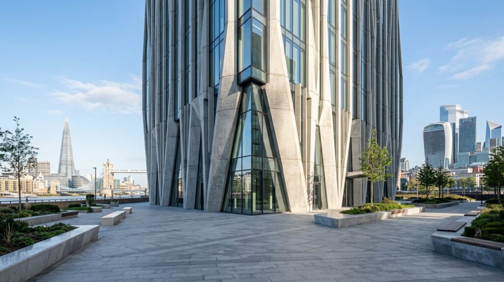 Contemporary London architectural exterior in Southwark with geometric facade clean vertical lines and morning light by an architectural photographer London