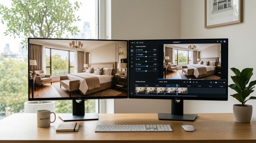 Dual monitor workspace showing a professional London hotel suite interior photograph being processed into an AI cinematic interior video with camera movement controls visible