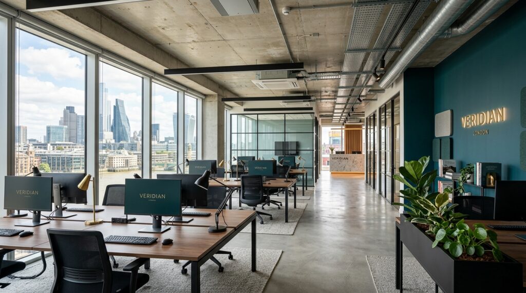 London Clerkenwell office interior with exposed concrete ceiling floor to ceiling windows and bespoke desk clusters by an office interior photographer
