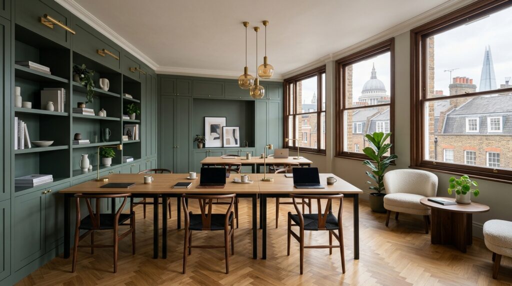London Clerkenwell designed office interior with bespoke sage joinery herringbone floor and sash windows for office design photography