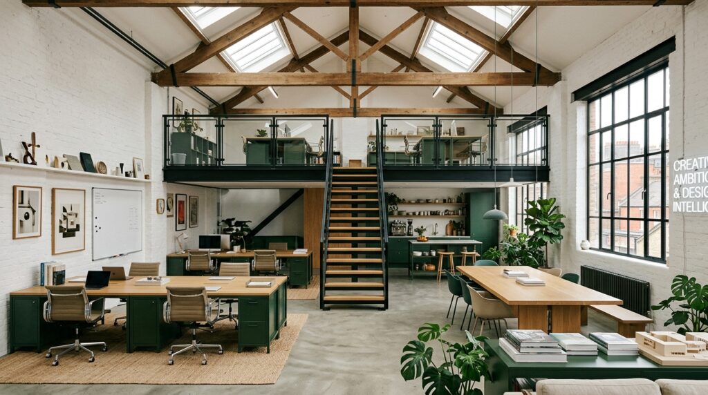 London Shoreditch converted warehouse workspace with exposed brick mezzanine bespoke furniture and skylights for office design photography