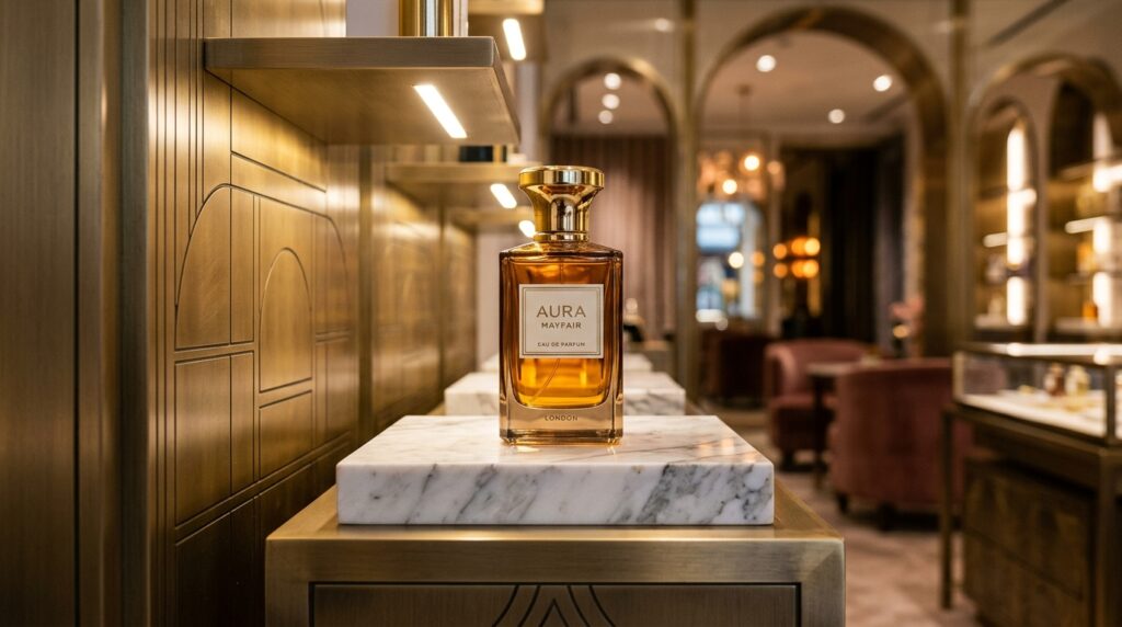 London luxury retail store product display on marble plinth with brass shelving and precision spot lighting for retail space photography