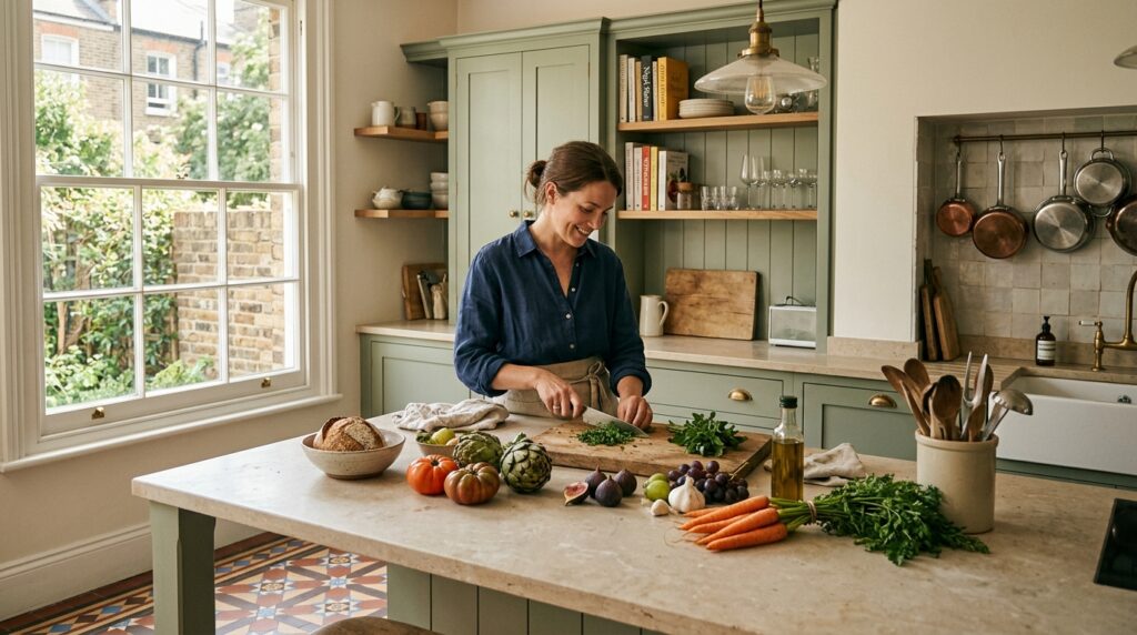 London Georgian kitchen interior lifestyle photograph of a person cooking with seasonal produce sash windows and sage Shaker units in Islington