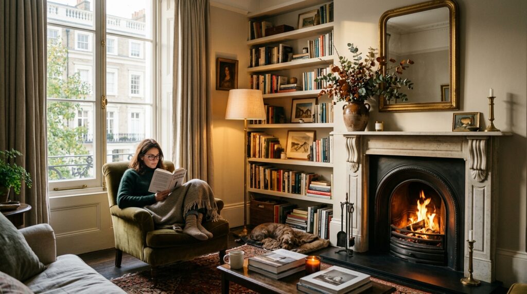 London Georgian townhouse interior lifestyle photography showing a person reading by window with lit fireplace and bespoke bookshelves
