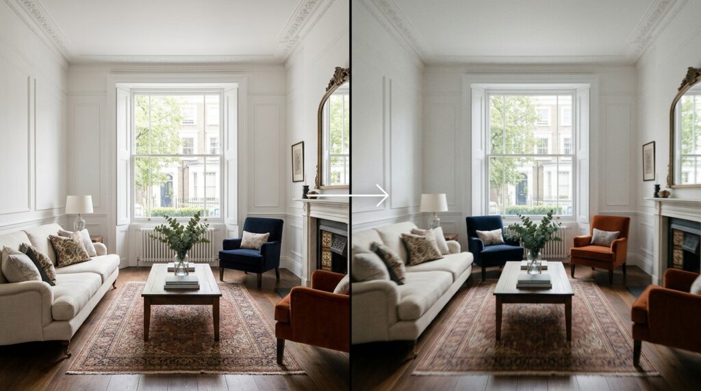 Split frame showing a professional interior photograph of a London drawing room transforming into an AI cinematic interior video walkthrough