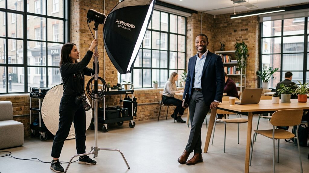 Commercial portrait photographer London directing a professional portrait session in a Shoreditch studio environment showing lighting setup and subject direction