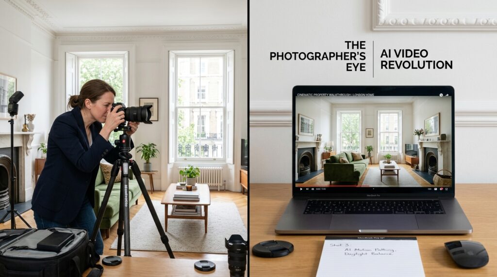 Split image showing a professional photographer capturing a London interior alongside an AI interior video walkthrough on a laptop screen for property marketing