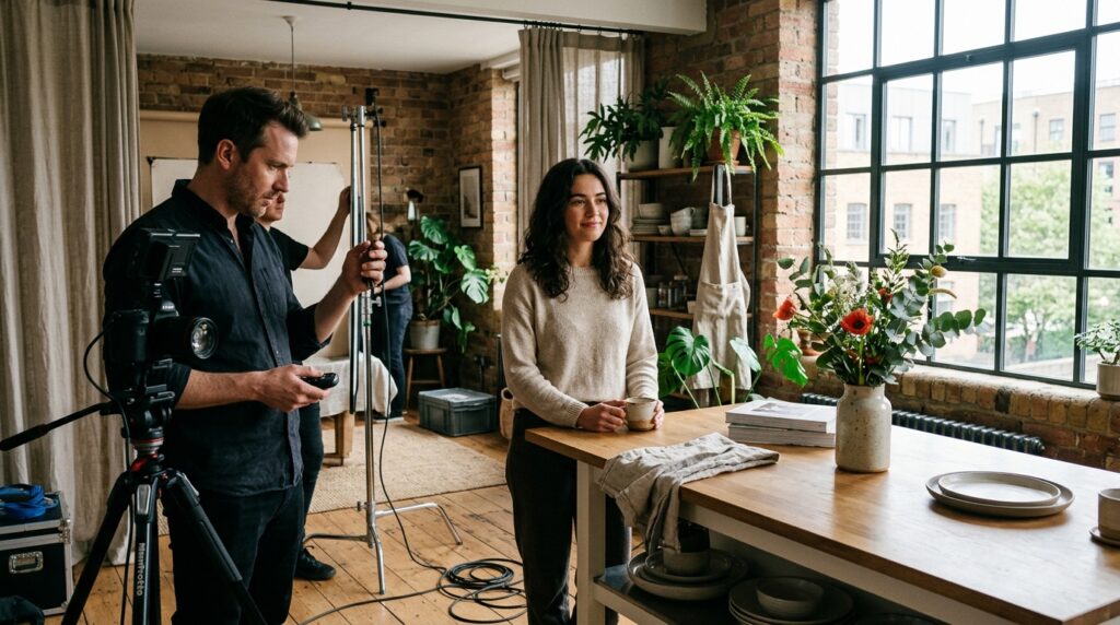 Behind the scenes of a London interior lifestyle photography shoot in Clerkenwell with photographer directing a model at a kitchen counter