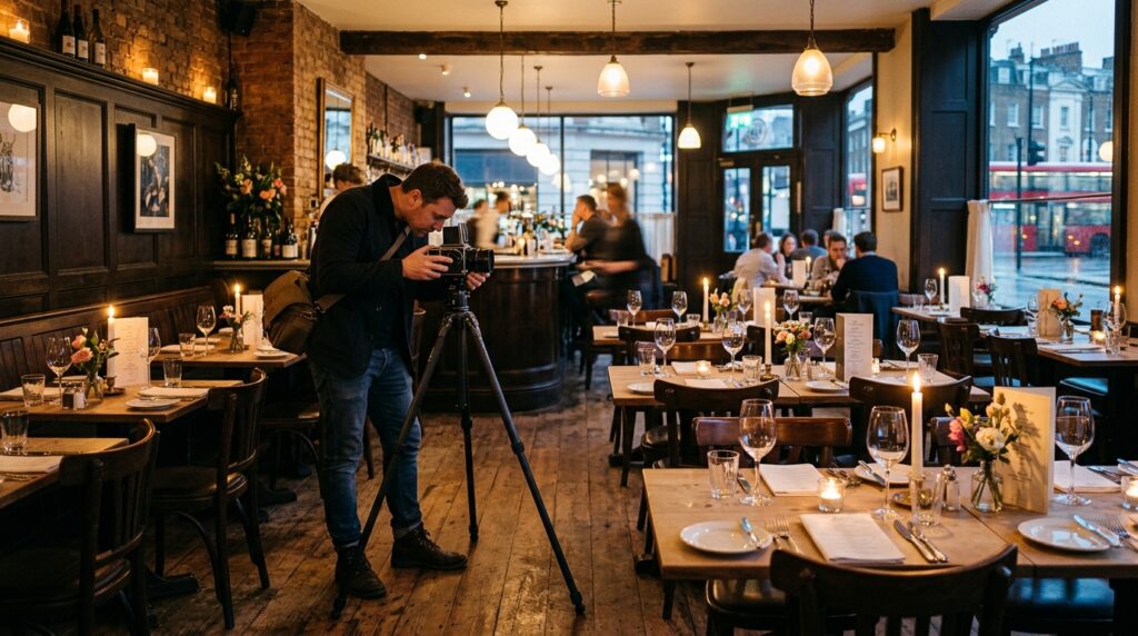Professional restaurant photographer London setting up medium format camera in a fully dressed London restaurant dining room during a photography shoot