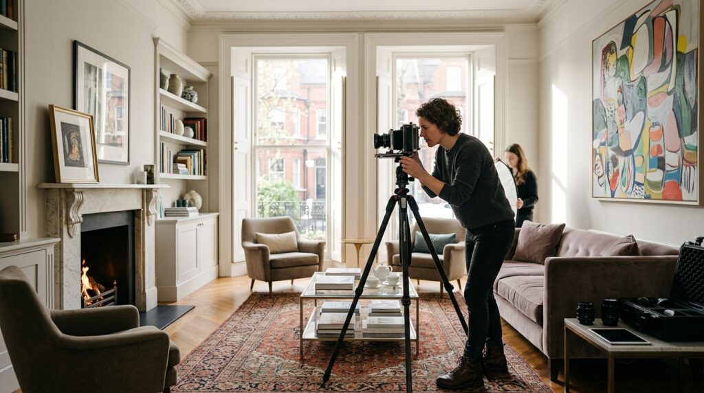 Professional interior photographer in London at work in a beautifully lit London reception room with sash windows and original cornicing