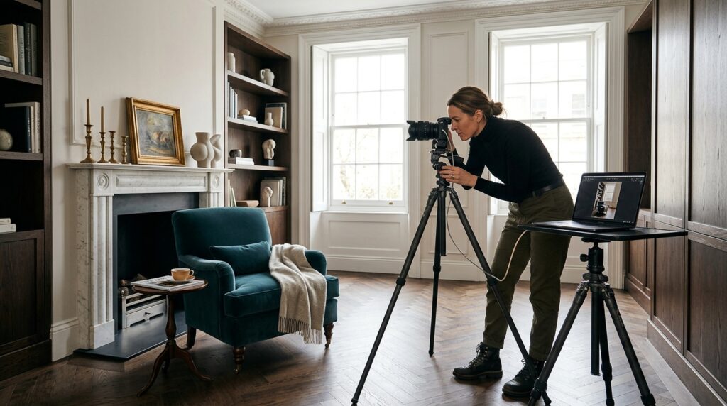 Professional interior photographer composing a shot in a beautifully designed London residential drawing room producing the high quality source photography that AI interior videos depend on