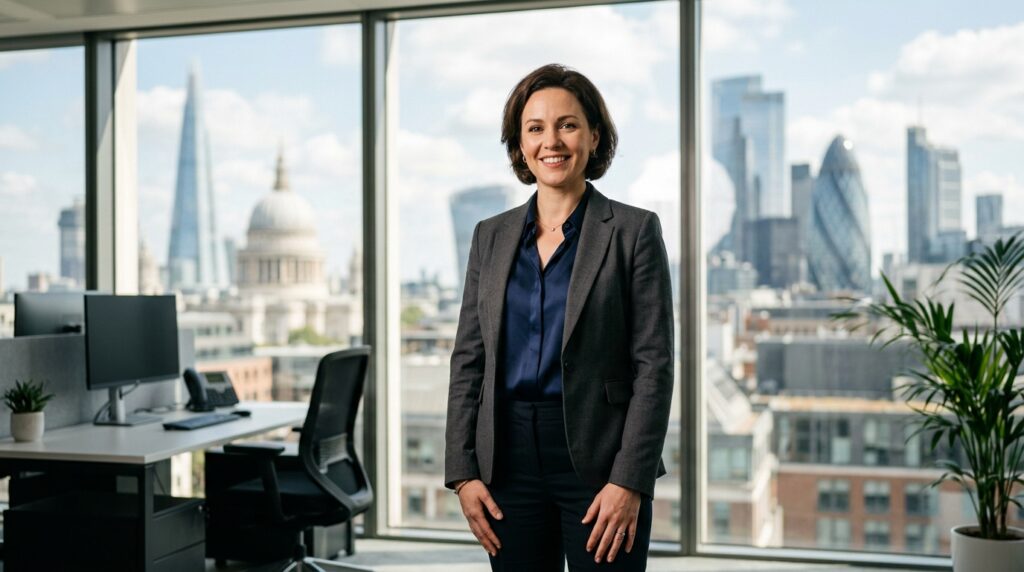 London City office business professional portrait with floor to ceiling windows and London skyline by a commercial portrait photographer