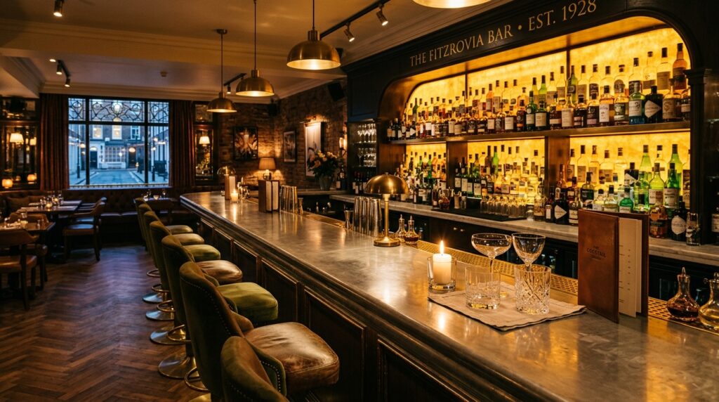 London restaurant bar area with marble counter, backlit amber spirit shelving and leather bar stools captured for professional restaurant photography London