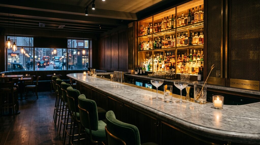 London restaurant bar area with marble counter, backlit amber spirit shelving and leather bar stools captured for professional restaurant photography London