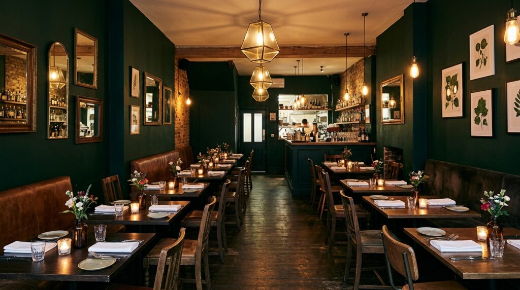Warm London restaurant dining room with dark green walls, candlelit tables and pendant lighting captured for restaurant interior photography