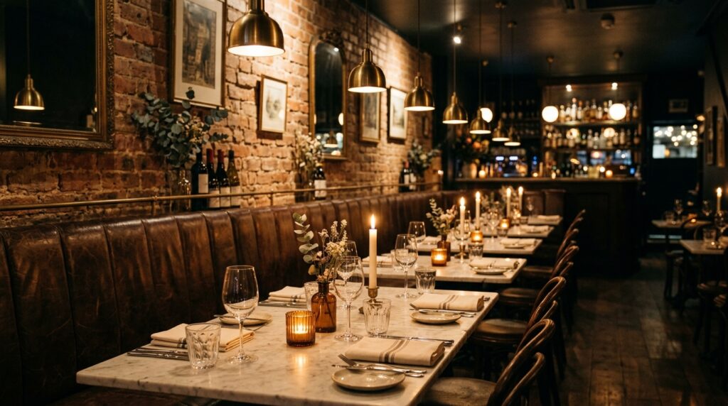 London restaurant interior at dinner service with candlelit marble tables, leather banquette and brass pendant lights captured by a restaurant interior photographer