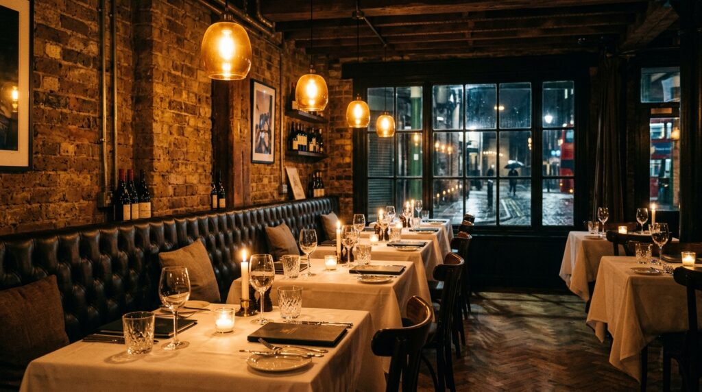 London restaurant interior at evening service with candlelit tables, white linen and amber pendant lights captured by a professional restaurant photographer London