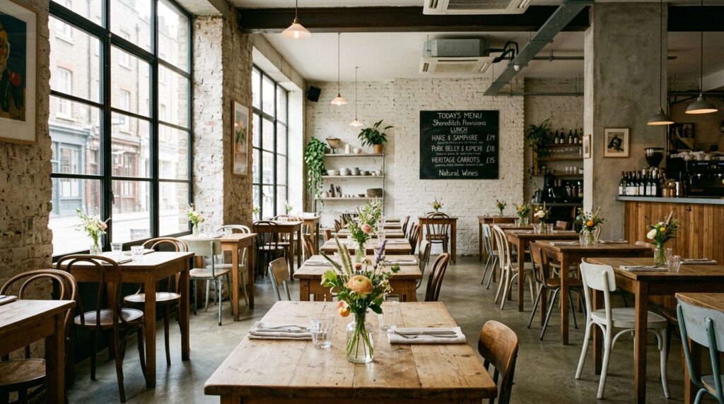 Shoreditch London restaurant interior in bright daylight with industrial windows brick walls and wooden tables for restaurant interior photography