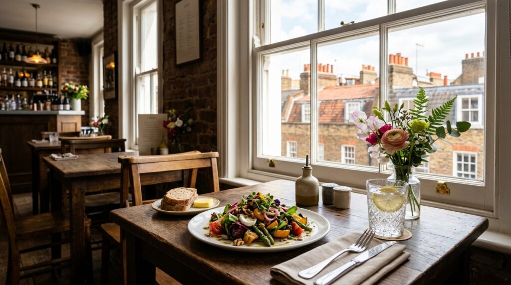 London restaurant lunch dish in natural daylight with seasonal salad sash window and fresh flowers for food photography London