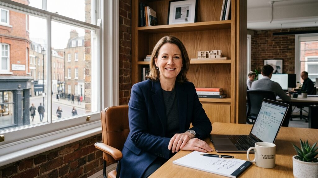London Clerkenwell senior professional business portrait in designed office with natural window light and bespoke joinery for commercial portrait photography