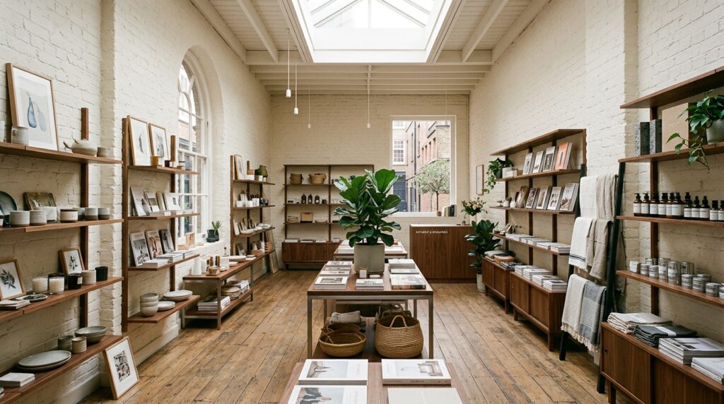 London concept store interior in Covent Garden with white brick walls timber floor and walnut shelving for retail interior photography