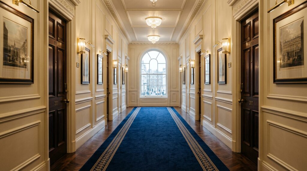 Symmetrical London luxury hotel corridor with navy carpet, brass wall sconces and lacquered bedroom doors captured for hotel marketing photography