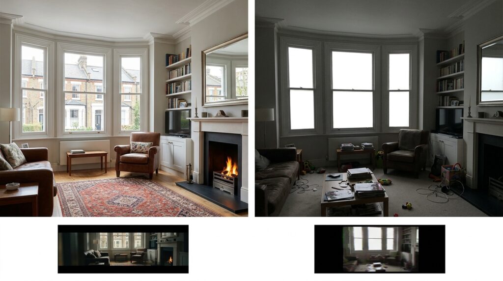 Side by side comparison of professional and casual interior photographs of a London living room showing the photography quality difference that determines AI cinematic interior video output quality