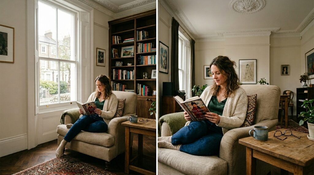 London Notting Hill interior lifestyle photograph of a woman reading in a linen armchair with soft morning light and original cornicing by an interior lifestyle photographer
